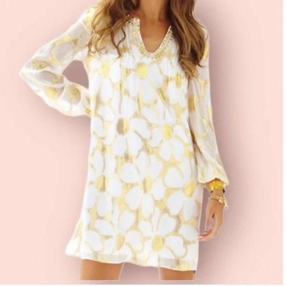 COPY - Lilly Pulitzer Gold Metallic SILK and LINED Floral Mini Dress - Picture 1 of 4